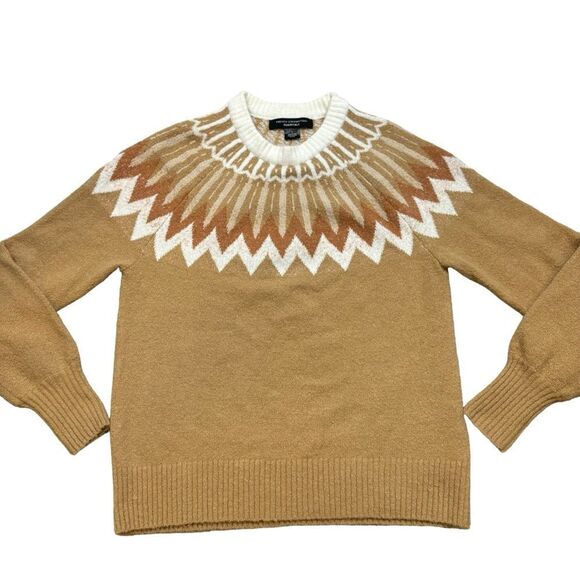 Ladies French‎ Connection Essentials Fair Isle Camel Colored Sweater Size Small - Picture 2 of 9